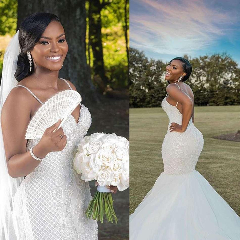 Sexy Backless Mermaid Wedding Dress Spaghetti Straps Lace Tulle Sweetheart Bridal Gown with Delicate Hand Beadings, White
Sexy Backless Mermaid Wedding Dress Spaghetti Straps Lace Tulle Sweetheart Bridal Gown with Delicate Hand Beadings, White