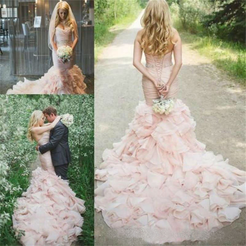 2019 Blush Pink Wedding Dresses Country Style Sweetheart Pleats Tiered Ruffles Mermaid Wedding Dress Plus Size Lace Up Bridal Gowns