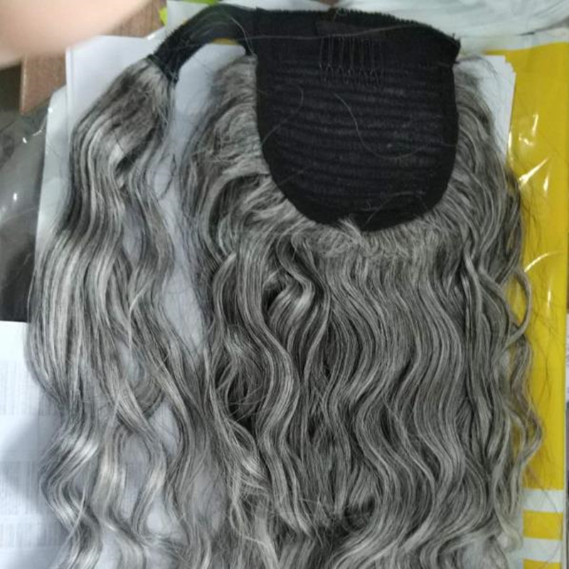 Grey kinky weave ponytail hairpiece european human hair ponytail hair extension silver grey wrap around ponytail hair piece gray puff