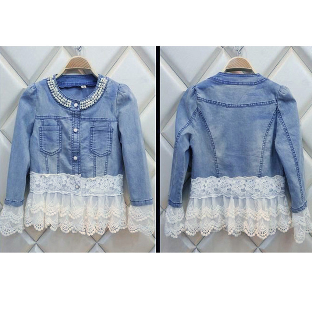 Autumn Winter Female Women Casual Lace Half Sleeve Denim Jacket Long Jean Coat Bead Outwear Overcoat #917G CY200515