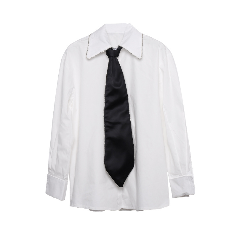 Spring autumn female casual shirt fashionable temperament age-reducing pure color all-match tops lapel rhinestone trimming decoration with tie blouse, White
Spring autumn female casual shirt fashionable temperament age-reducing pure color all-match tops lapel rhinestone trimming decoration with tie blouse, White