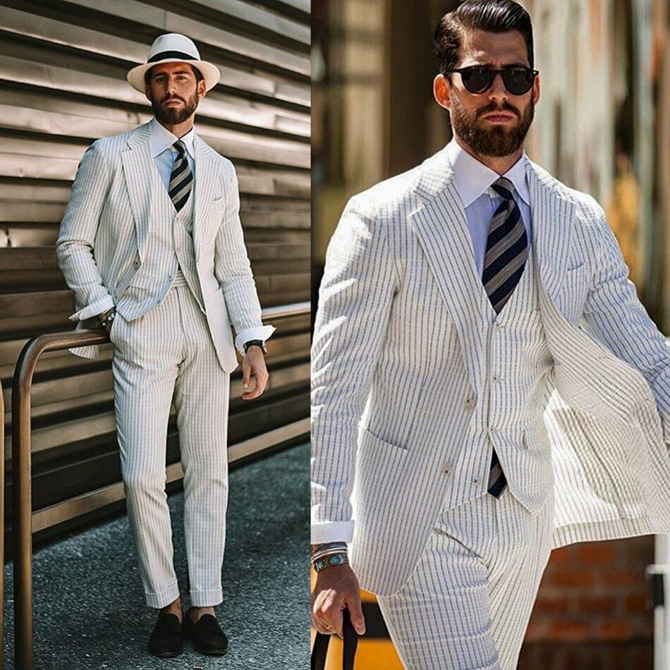 Cusatom Made 2020 Groom Tuxedos Mens Black Striped White Suits For Men Stylish 3 Pieces Formal Party Prom Tuxedos