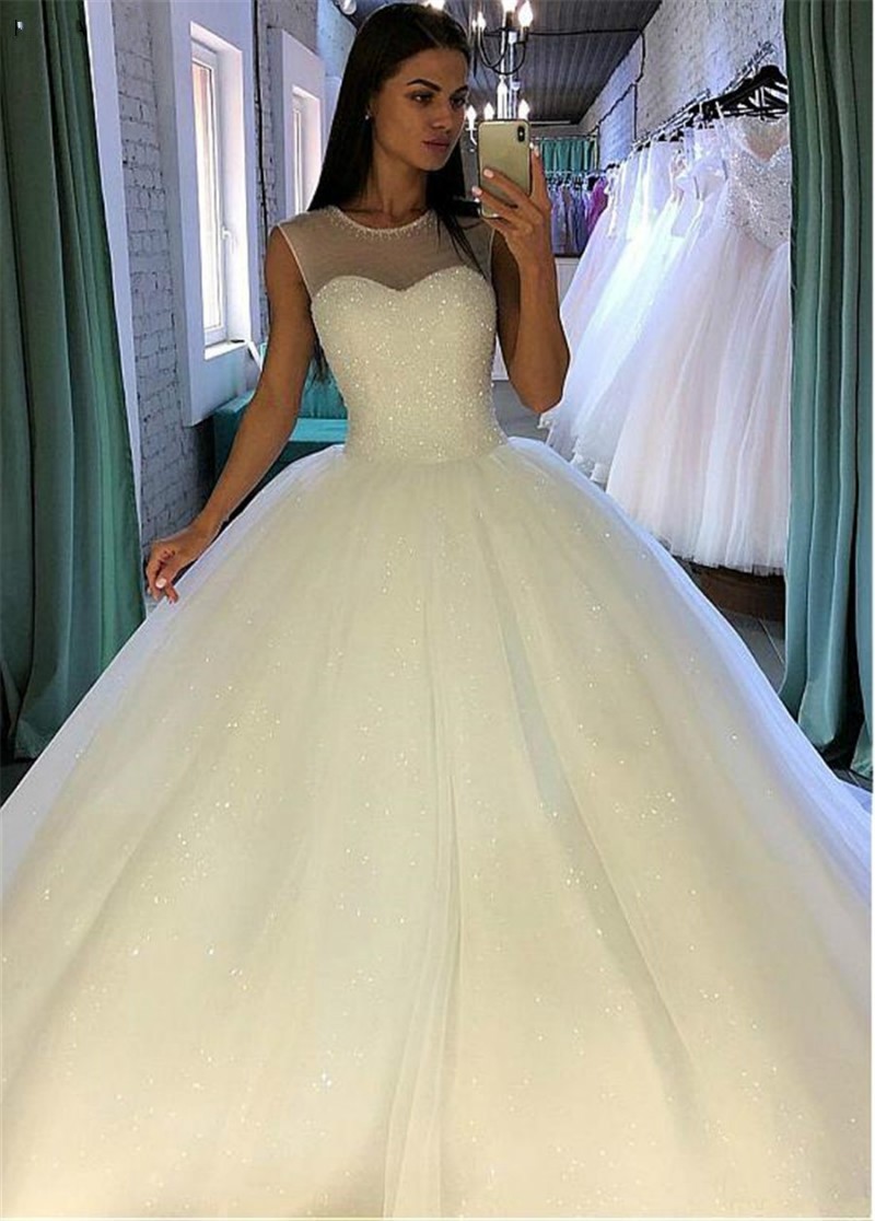 Shining Sequin Tulle Jewel Neckline Ball Gowns crew Wedding Dress with Beadings bodice Sleevelss Bridal Gowns Vestido De Festa Longo