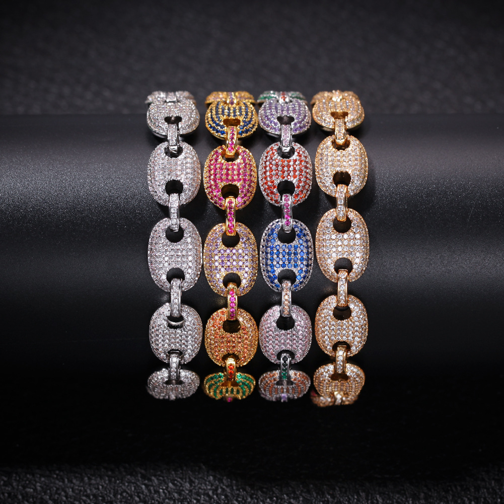 13mm Hip Hop Shining Colorful Zircon Tennis Bracelet 18k Gold Plated Men Women Bling Coffee Beans Chain Bangle