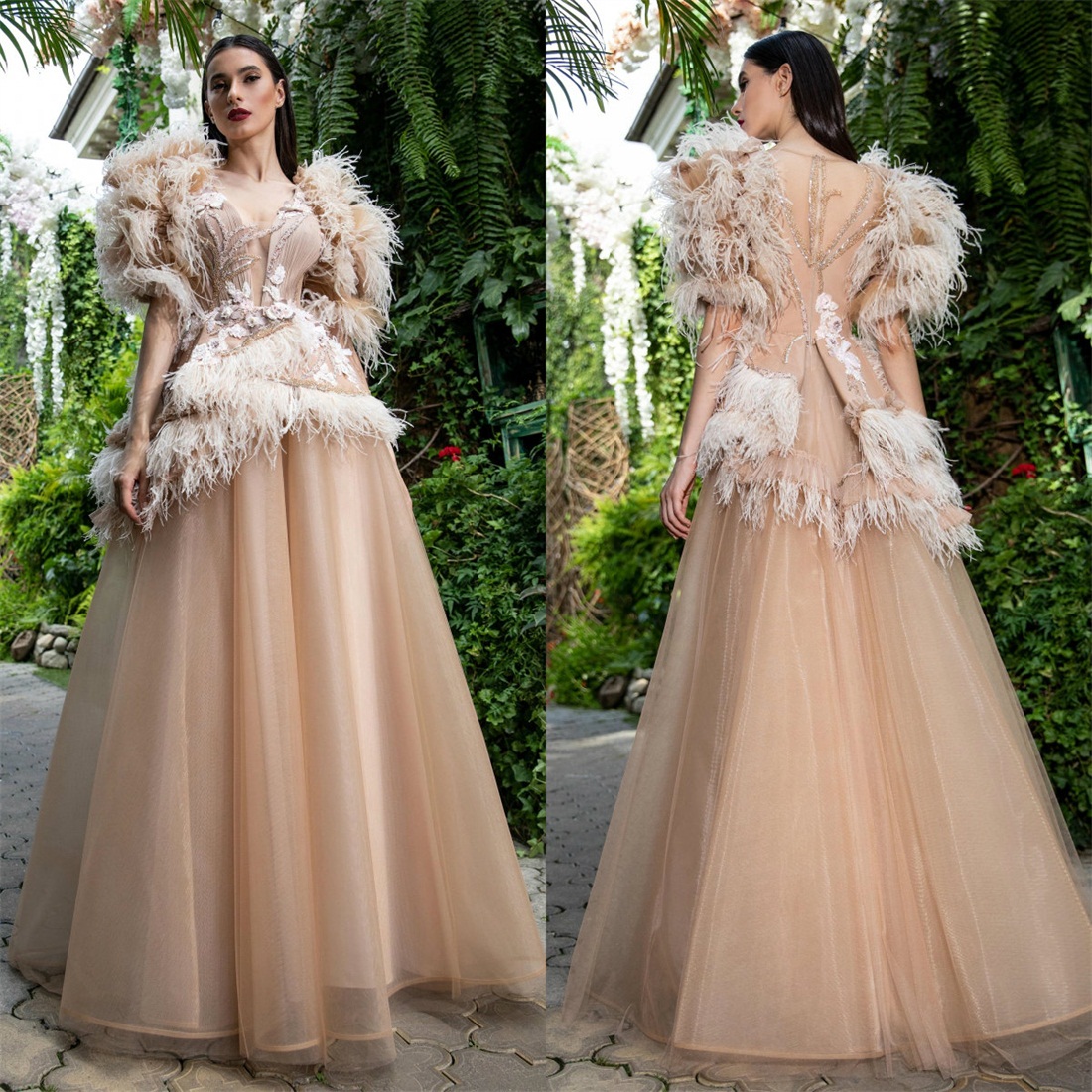 Champagne Feather Prom Dresses V Neck Lace Appliqued Beaded Short Sleeve Celebrity Party Gowns Floor Length Costume Formal Evening Dress
