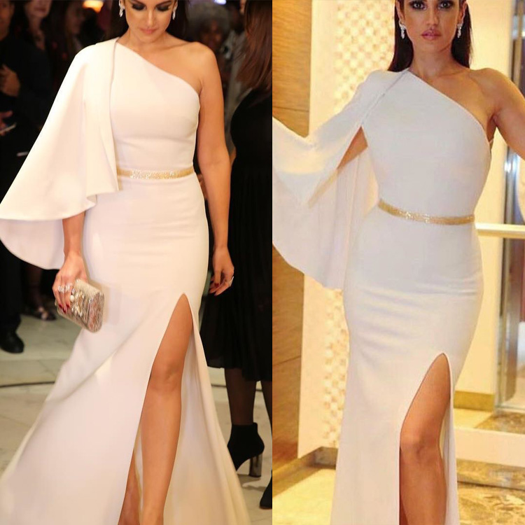Elegant White Evening Dresses 2020 One Shoulder Formal Long Prom Gowns Sexy High Split Mermaid Custom Runway Fashion Dress
