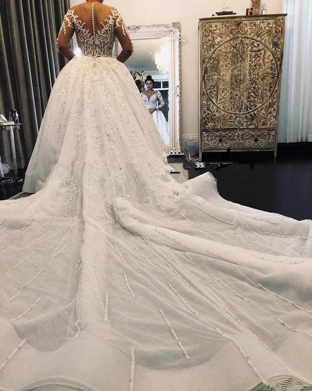 Middle East Mermaid Dresses with Detachable Train Plus Size Sheer Long Sleeves Lace Applique African Wedding Gowns Robe De Mariee
