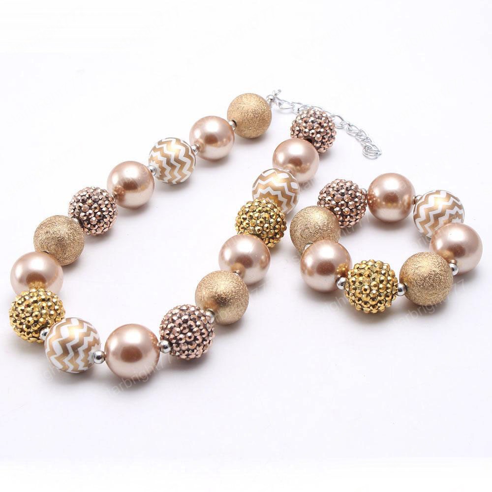 Gold Color Stripe Beads Baby Kid Chunky Necklace&Bracelet Set Fashion Bubblegum Beads Chunky Necklace Jewelry Set For Children Girl