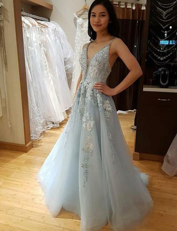 Blue Light Sky Beaded Lace Prom Dresses Plunging Neck A Line Appliqued Formal Dress Floor Length Tulle Plus Size Evening Gowns ppliqued