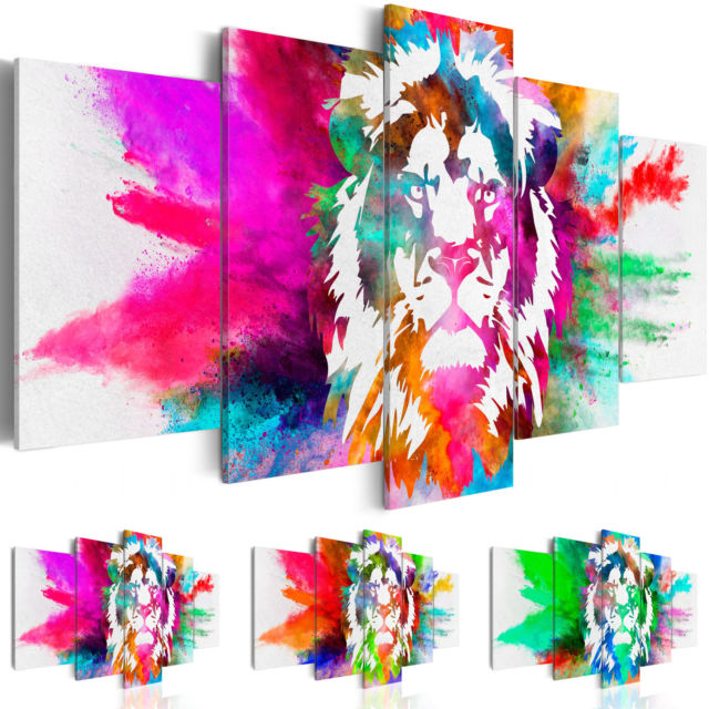Fashion Wall Art Canvas Painting 5 Pieces Orange Green Purple Watercolor Animal Lion Modern Home Decoration,Choose Color And Size No Frame