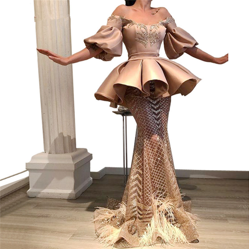 Vintage Mermaid 2020 Evening Dresses Off The Shoulder Half Sleeve Beaded Prom Gowns Feather Illusion Formal Pageant Dress