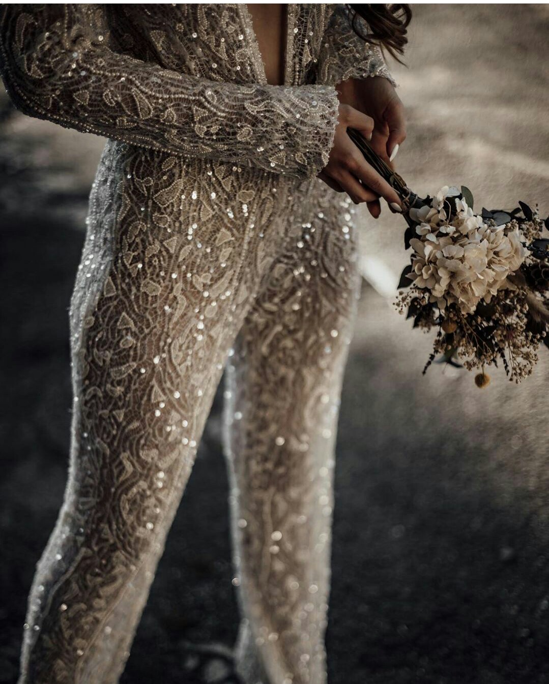 deep v neck dresses long sleeves sequined jumpsuits robes de marie beach lace wedding gowns