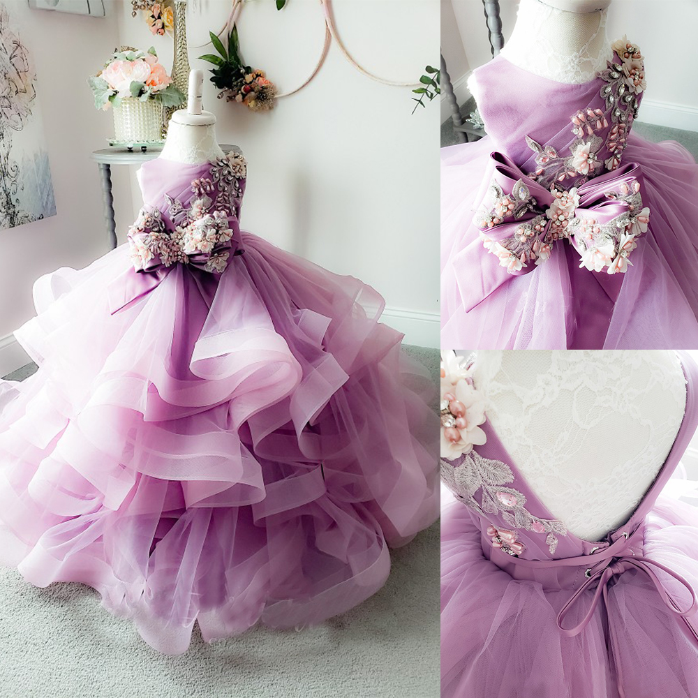 cute beaded flower girls dresses for weddings 3d floral appliqued kids formal wear tiered skirts pageant gown vestidos de primera