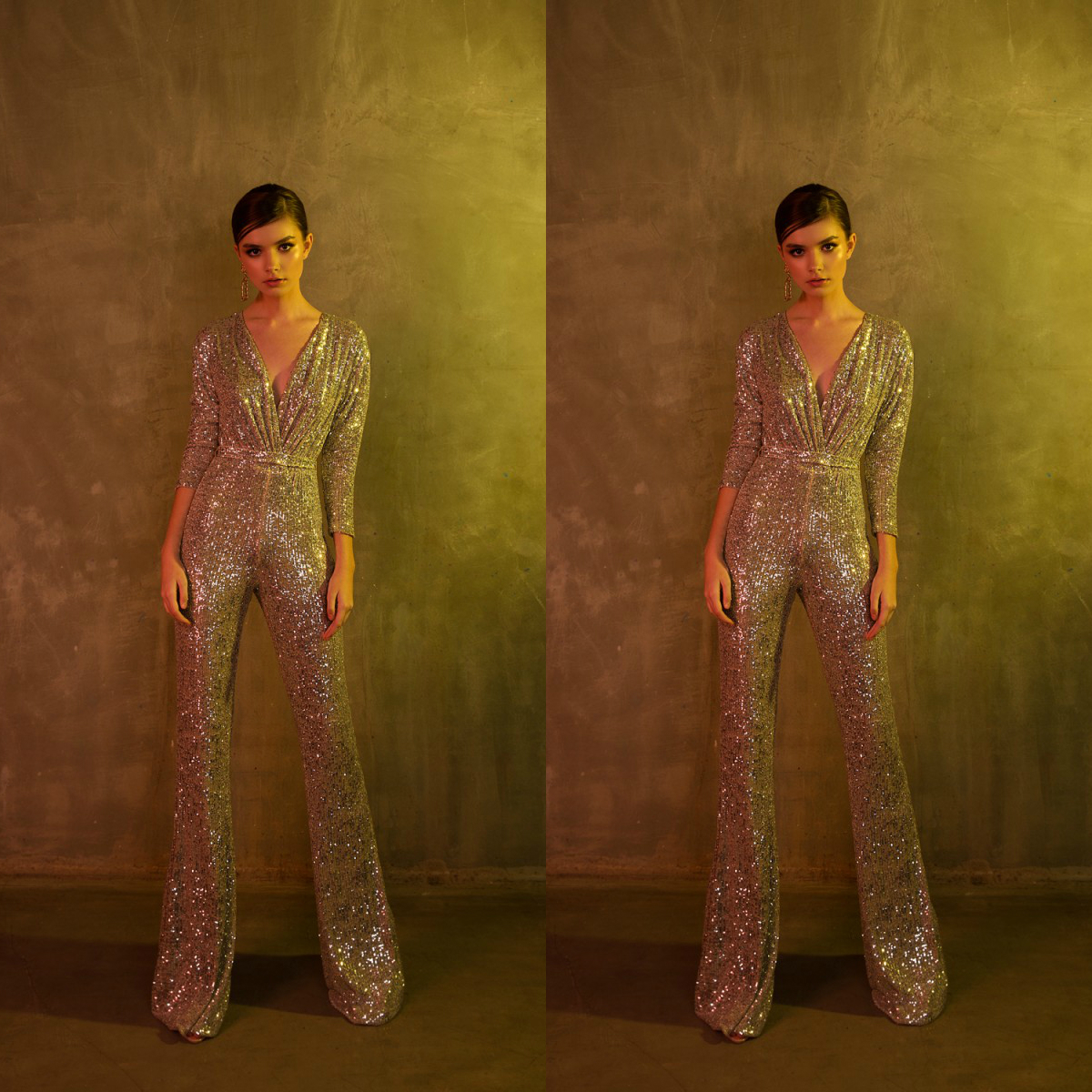 Sequined Berta 2019 Jumpsuits Prom Dresses V Neck 3/4 Long Sleeve Vestidos De Fiesta Floor Length Cheap Evening Dress Formal Woman Pants