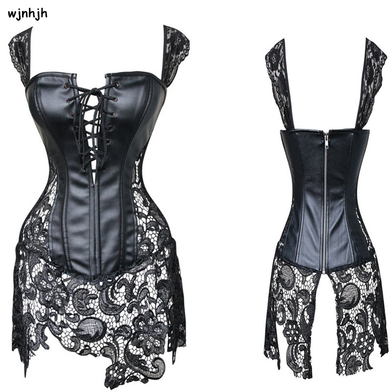 Plus Size Corset Steampunk Women Black Faux Leather Lace Sexy Lingerie Corset Dress Leather Corset Under Bust S-6XL