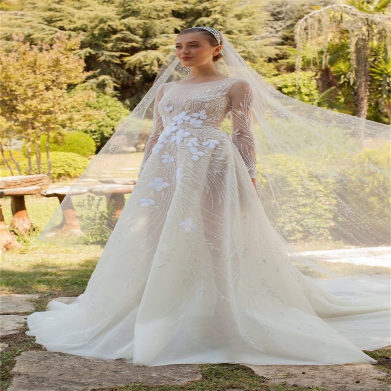 Newest Floral Beach Wedding Dresses Long Sleeves Vestidos De Novia Bridal Gown Appliqued Ruched Tulle Sweep Train Boho Bridal Gown