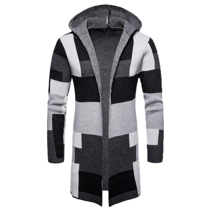 Men's Jackets Men Fashion Hooded Knit Cardigan Sweater Coat Long Sleeve Color Blocks Overcoat For