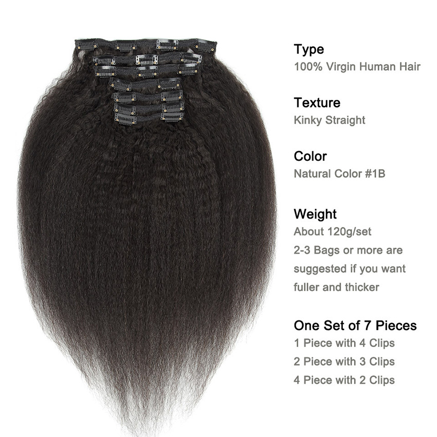 9A Grade Clip In Human Hair Extensions Kinky Straight Brazilian Peruvian Malaysian Indian Mongolian Virgin Hair 7pcs/set 120g Natural Color