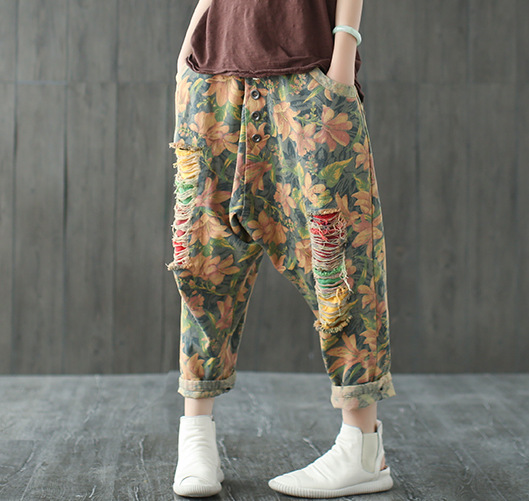 Summer wide-band loose casual nine-point pants ripped retro printed trousers large size wild Harlan jeans women, Green
Summer wide-band loose casual nine-point pants ripped retro printed trousers large size wild Harlan jeans women, Green