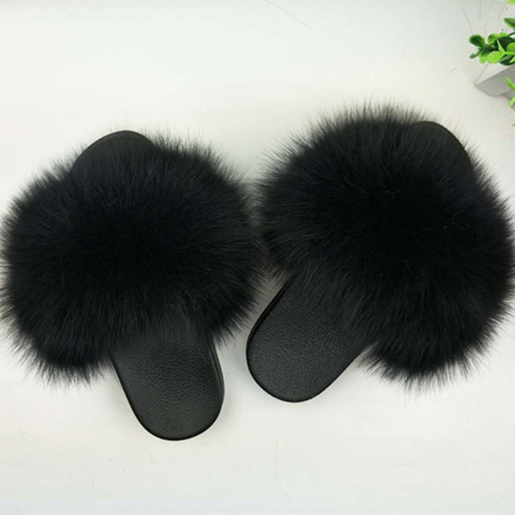 Hot Sale-Real Fur Slippers Women Fox Home Fluffy Sliders With Feathers Furry Summer Outdoor Flats Sweet Ladies Candy Color Shoes Size 45