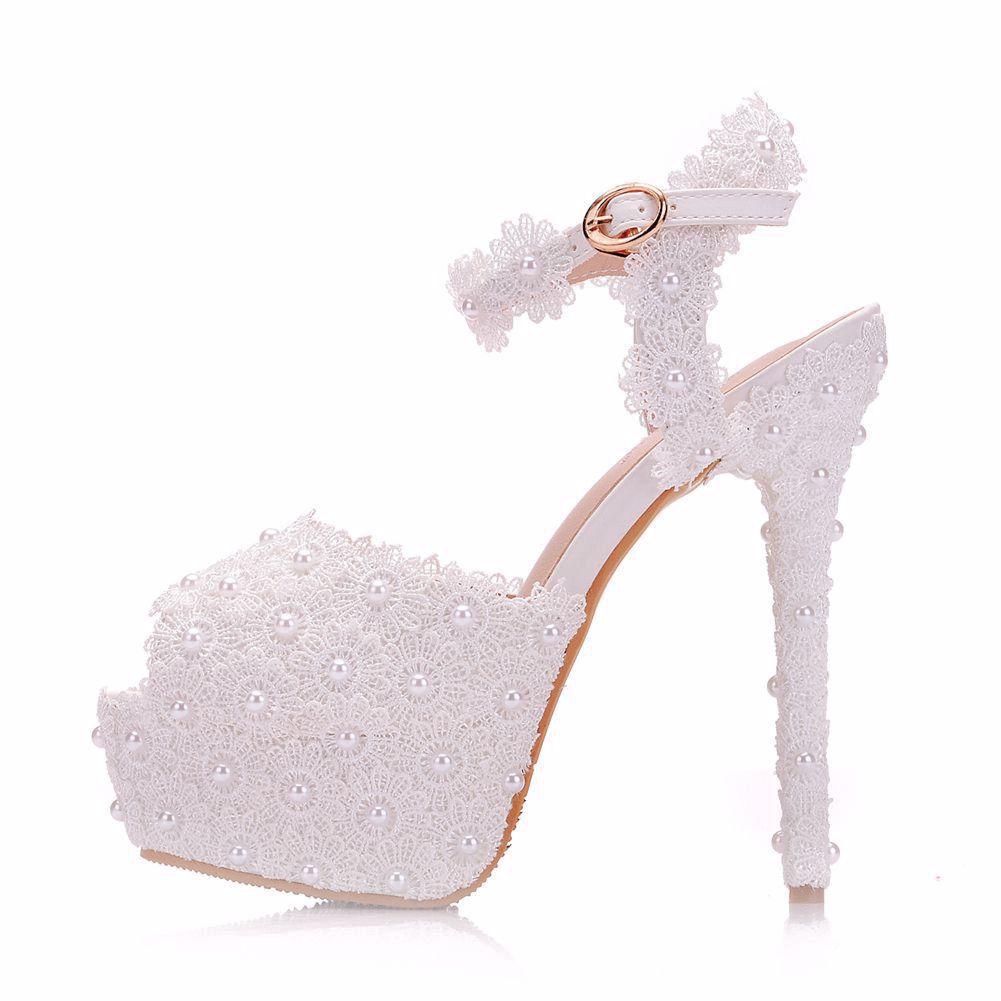 Hot Sale-white lace flowers elegant fashion stiletto heel wedding shoes Platform pearls Bridal sandals