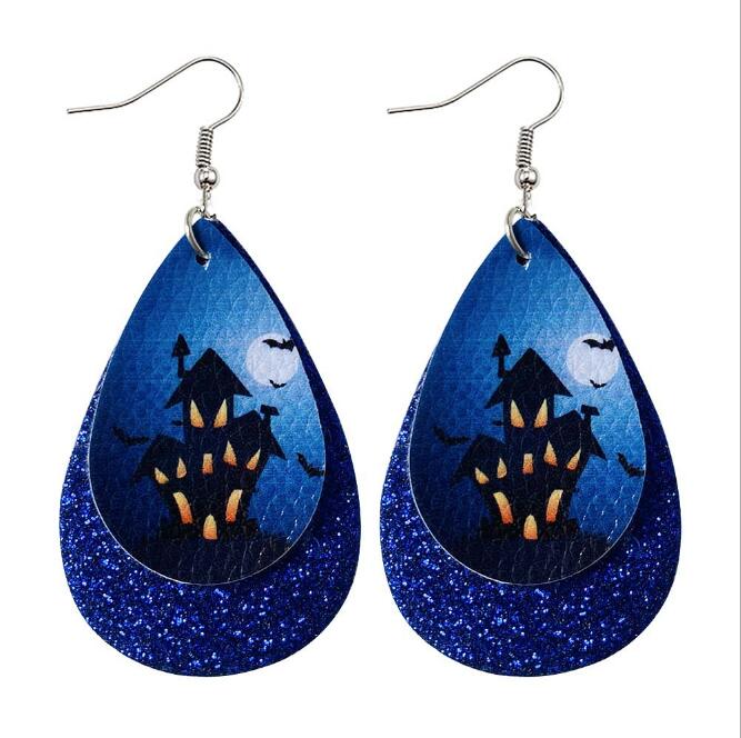 Halloween double-layer leather earrings skull sequins drop-shaped PU leather earrings GD351
