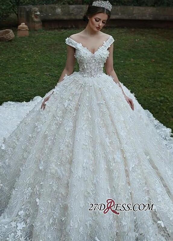 Glamorous Off Shoulder Wedding Dresses 2019 Modest 3D Floral Lace Crystal Ball Gown Princess Cathedral Train Church Royal Wedding Gown