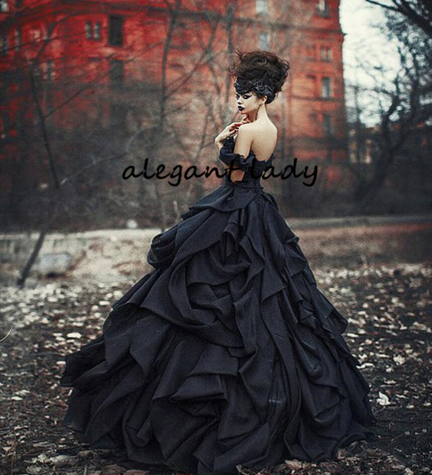 Vintage Tradition Black Gothic Wedding Dresses Victorian Punk Ball Gown Wedding Dresses Off The Shoulder Tie Up Satin Princess Bride