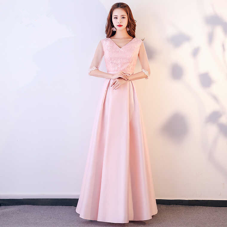 Pink Satin Long Bridesmaid Dress with Lace 2020 Floor Length Wedding Party Dresses Lace Up Bridesmaid Gowns