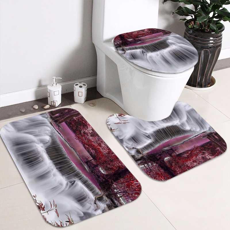 Beautiful Waterfall Red Tree Shower Curtain Set Waterproof Bathroom Curtains Carpet Non-slip Mats Pedestal Rug Toilet Seat Cover