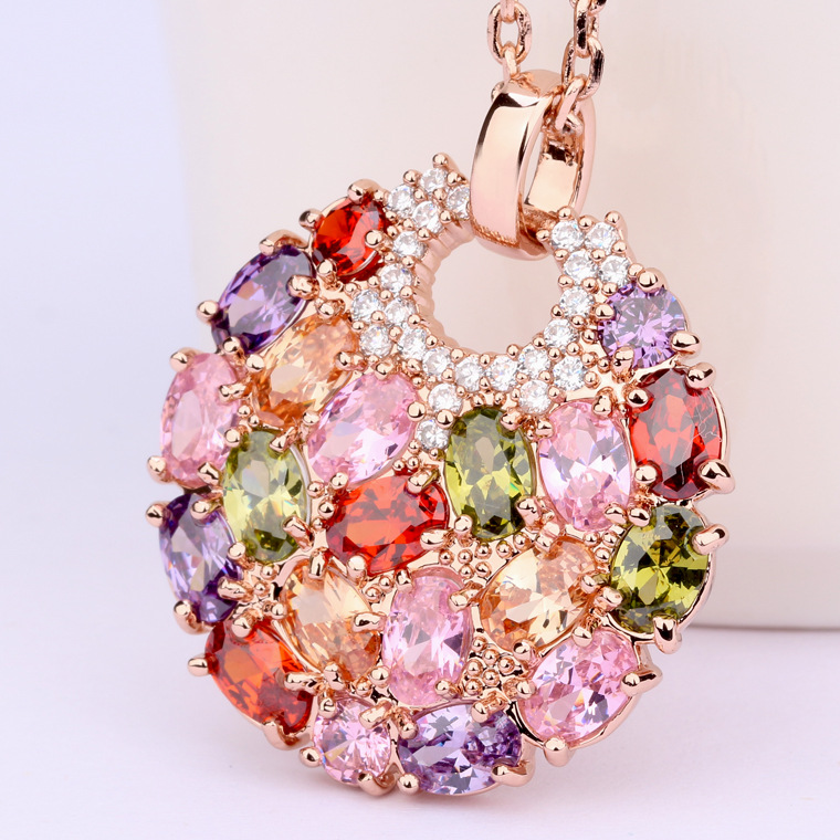 Fashion Colorful Cubic Zirconia Pendant Necklace 14K Gold Plated Bling Necklace Jewelry Women Girl Friend Christmas Gift
