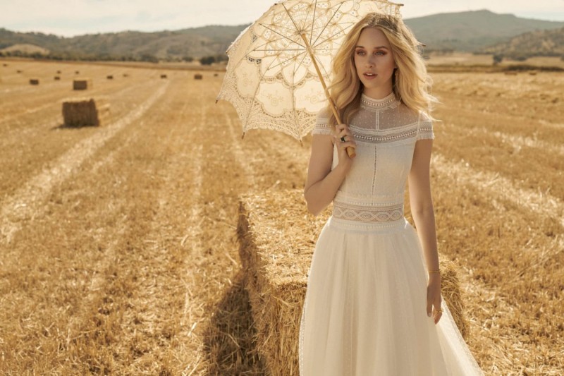 Rembo Styling Wedding Dresses High Neck Short Sleeve A Line Boho Country Bridal Gowns Lace Wedding Dress Robe De Mariee
