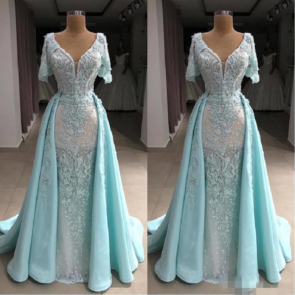 2020 Light Sky Blue Evening Dresses With Detachable Train V Neck Lace Appliques Mermaid Prom Dress Short Sleeve Robes De Soirée