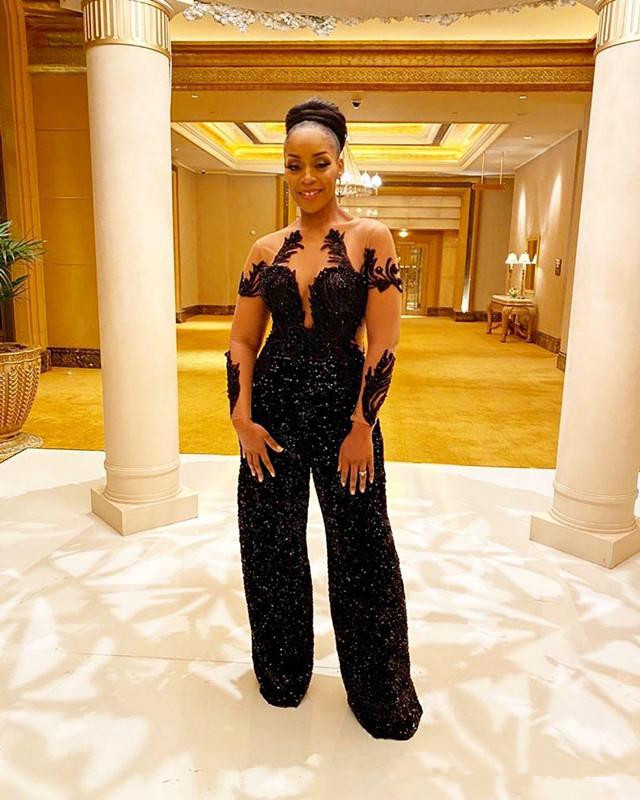 Black Women Prom Dress Jumpsuits Sheer Jewel Neck Lace Beads Pearls Crystal Pants Suit Evening Gowns Long Sleeve Robes De Soirée