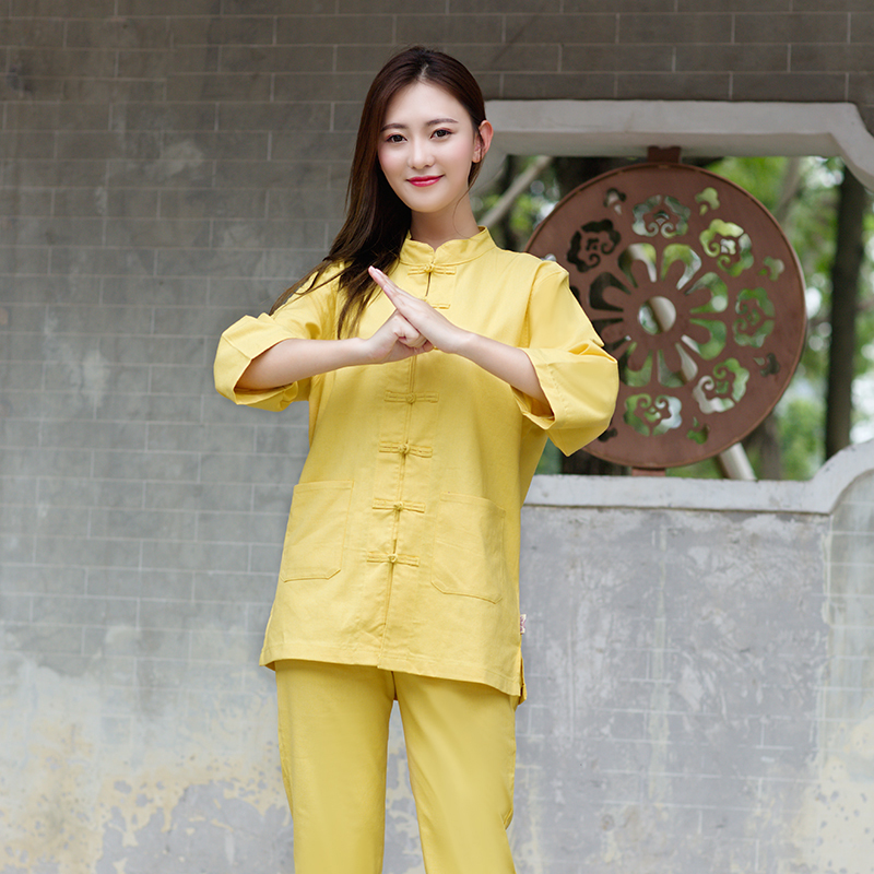 White Blue Yellow Yoga Suits Jacket + pants Unisex Cotton Linen Clothes Summer Kungfu Clothing Wushu Taiji Flax Half Sleeve Tracksuits