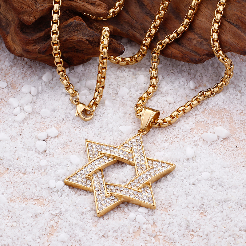 Men Hip Hop Six-star Pendants Necklace 316L Stainless Steel Full Cubic Zirconia Setting 18K Gold Plated Jewelry