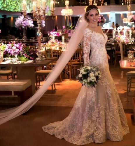 Lace Mermaid Wedding Dresses Sheer V Neck Long Sleeve Bridal Gowns Sequins Appliqued Plus Size Sweep Train Wedding Dress