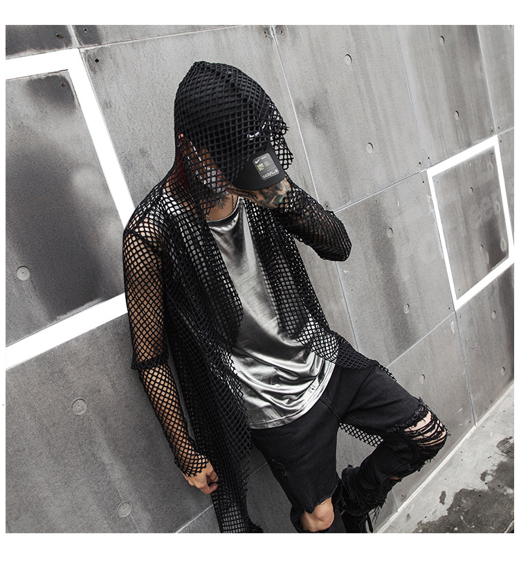 Men hollow out mesh long trench coat with hemp rope belt sexy gothic punk rock hooded cloak nightclub DJ singer stage costume CJ191128