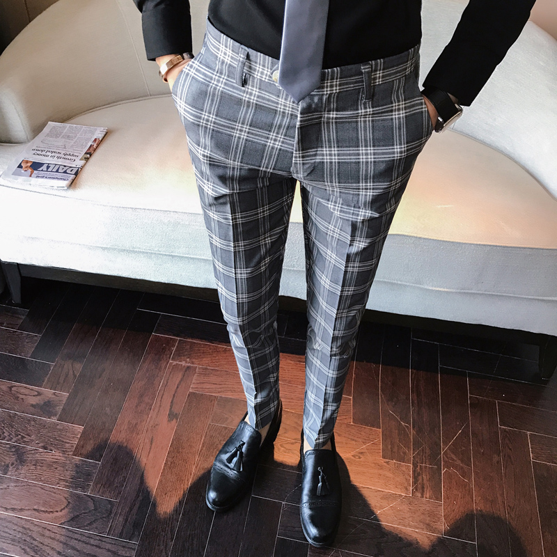 Mens fashion Men Dress Pant Plaid Business Casual Slim Fit Homme Classic Vintage Check Suit Trousers Wedding Pants