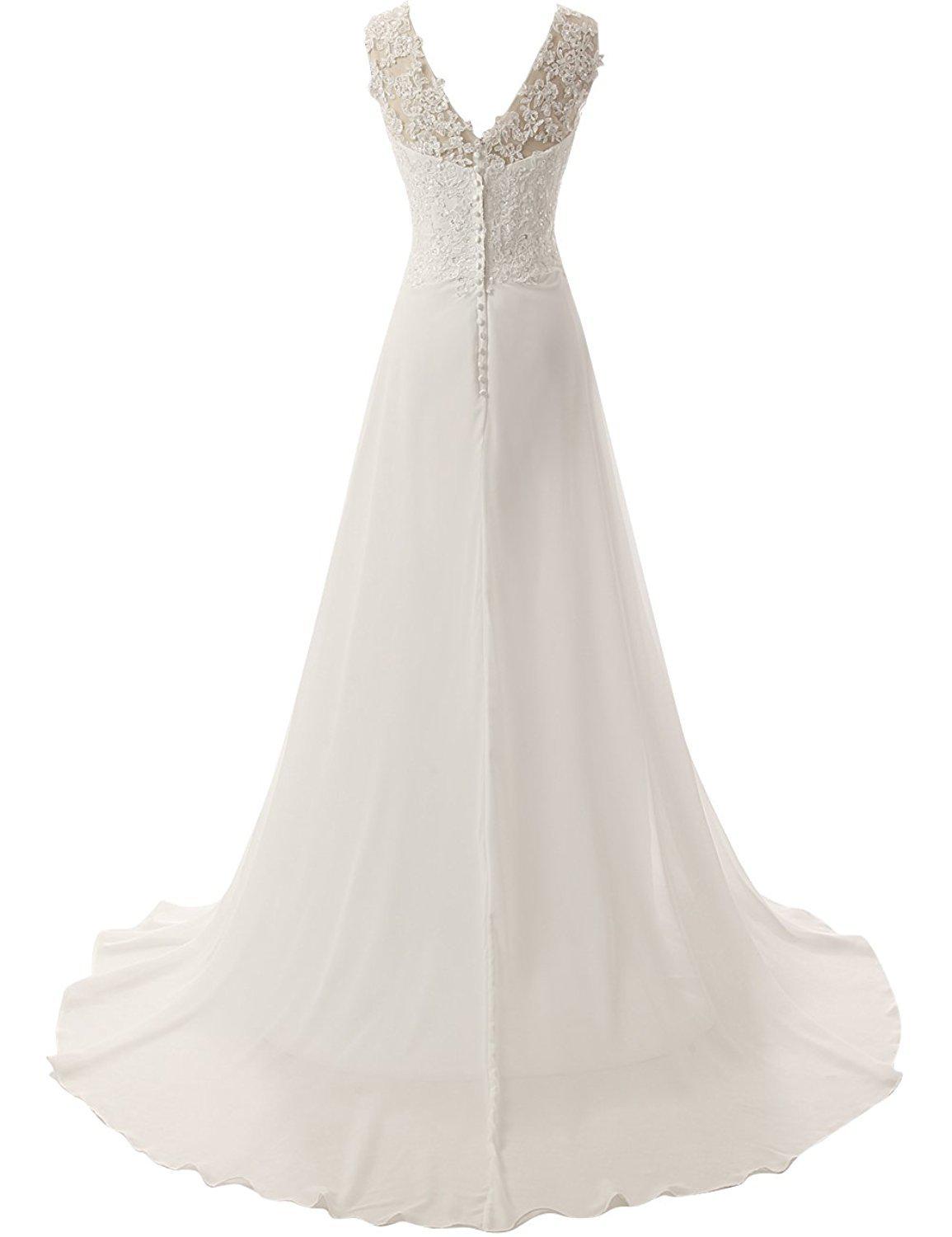 Stock A-Line Ivory V Neck Wedding Dresses Bridal Gowns With Appliques Floor-Length Wedding Party Size 16w QC1401