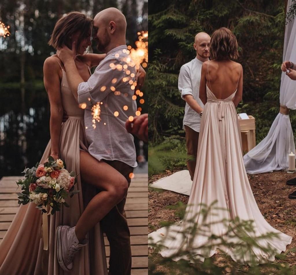Sexy Backless Simple Wedding Dresses High Split Elastic Satin Spaghetti Straps Boho Sweep Train Beach Wedding Gown Vestido de novia, Light yellow
Sexy Backless Simple Wedding Dresses High Split Elastic Satin Spaghetti Straps Boho Sweep Train Beach Wedding Gown Vestido de novia, Light yellow