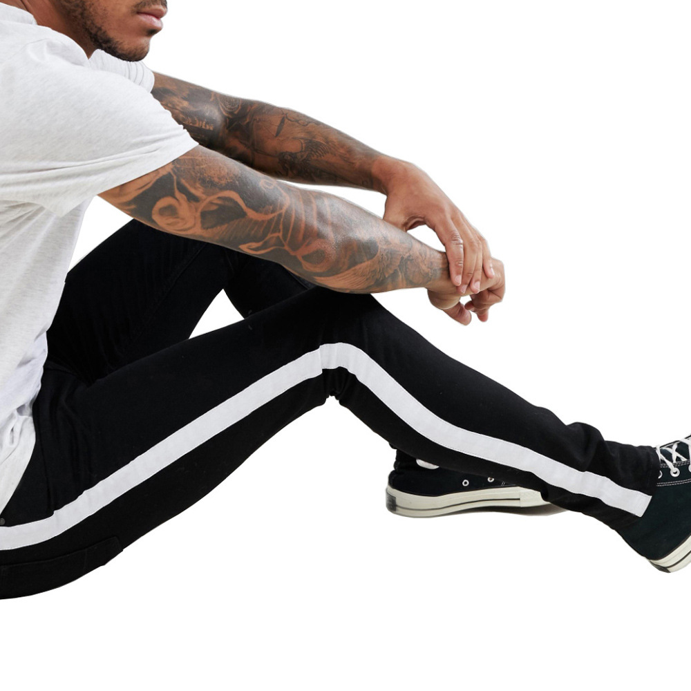 Side Stripe Red White Men Jeans Skinny Stretch Black Slim Fit Pants Tapered Legging Pencil Biker Comfy