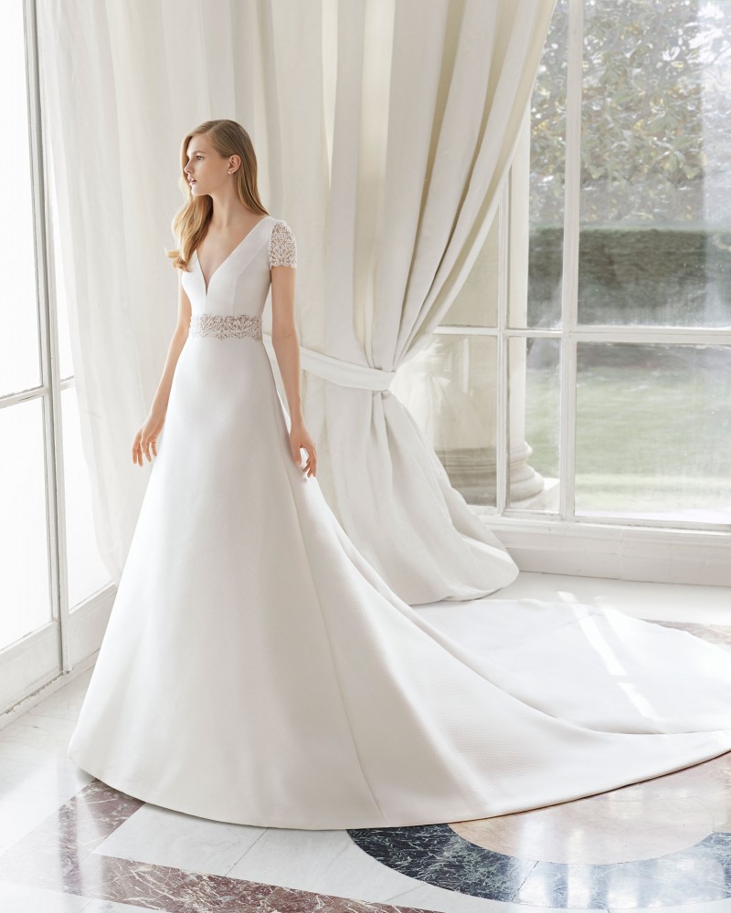 elegant satin wedding dresses short sleeve lace appliqued v neck backless wedding dress sweep train a line bridal gowns