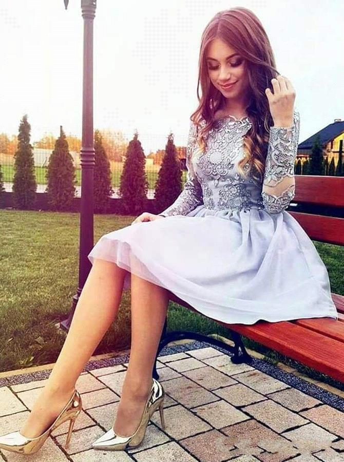 Vintage Long Sleeves Lilac Lavender Short Homecoming Dresses Appliques Chiffon Skirt Knee Length Prom Cocktail Gowns For Teens