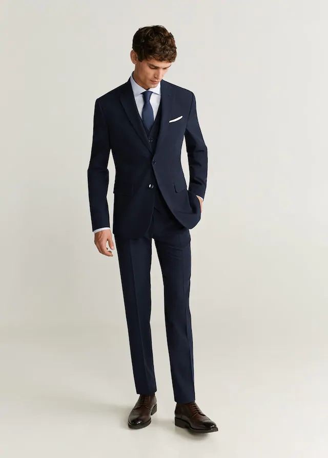 Navy Blue Three Pieces Slim Fit Mens Suits Wedding Grooms Tuxedos Notched Lapel Formal Blazer Prom Suit Jacket Vest And Pants
