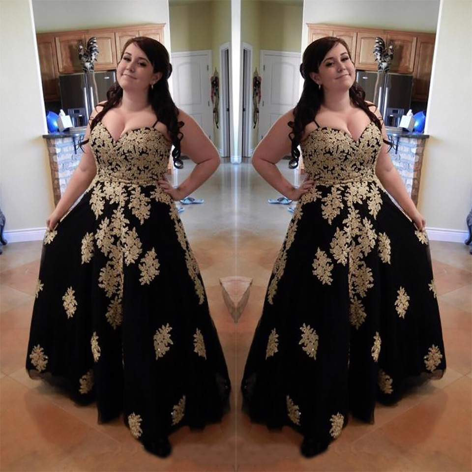 Black With Gold Lace Applique Plus size Prom Evening Dresses Special Ocassion Dresses Gowns Sweetheart A line Tulle Corset Back SD3373