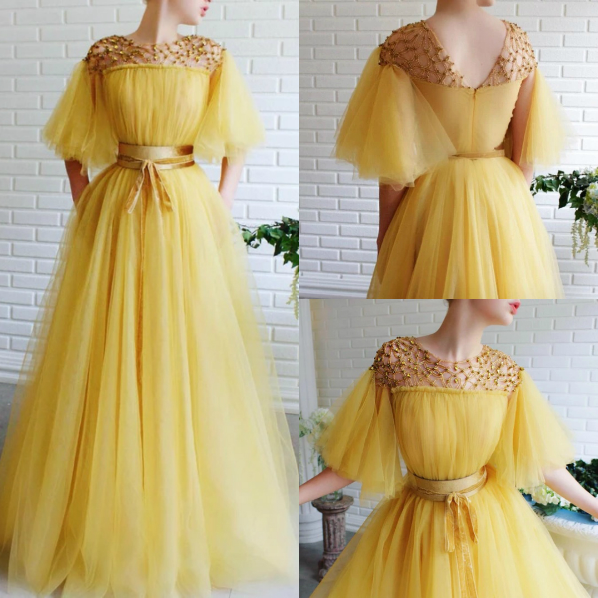 2020 Yellow Prom Dresses Tulle Beaded A Line Floor Length Belt Evening Dress Custom Made Half Sleeve Formal Robes De Soirée, Light sky blue
2020 Yellow Prom Dresses Tulle Beaded A Line Floor Length Belt Evening Dress Custom Made Half Sleeve Formal Robes De Soirée, Light sky blue