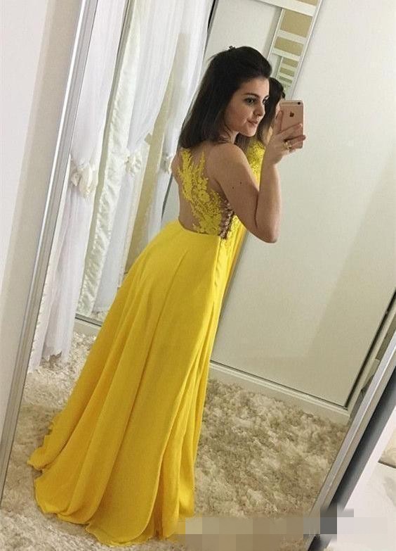 Yellow Chiffon Prom Dresses 2020 Newest Spaghetti Straps Illusion Back Lace Applique Floor Length Custom Made Evening Gown Formal Wear