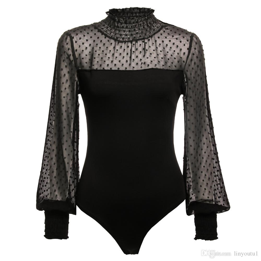 New 2020 Summer Bodysuit Women Sexy Neck Patchwork Long Sleeve Back Ladies Lace Mesh Bodysuit Transparent Tops