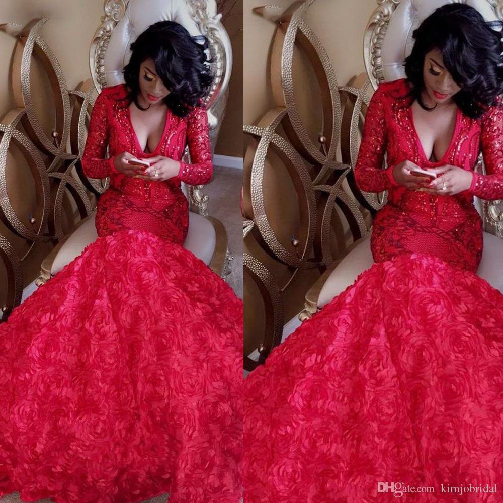Mermaid Prom Dresses Deep V Neck Lace Appliques Sparkly Sequins Hand Made Flowers 3D Red Evening Dresses Long Sleeve Formal Party Gowns